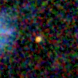 Colour composite: F444W red, F356W green, F277W blue, 3.2 arcsec across, north up