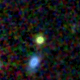 Colour composite: F444W red, F356W green, F277W blue, 3.2 arcsec across, north up