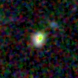Colour composite: F444W red, F356W green, F277W blue, 3.2 arcsec across, north up