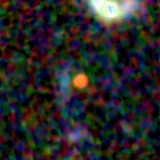 Colour composite: F444W red, F356W green, F277W blue, 3.2 arcsec across, north up