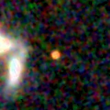 Colour composite: F444W red, F356W green, F277W blue, 3.2 arcsec across, north up