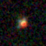 Colour composite: F444W red, F356W green, F277W blue, 3.2 arcsec across, north up