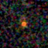 Colour composite: F444W red, F356W green, F277W blue, 3.2 arcsec across, north up