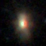 Colour composite: F444W red, F356W green, F277W blue, 3.2 arcsec across, north up