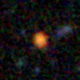 Colour composite: F444W red, F356W green, F277W blue, 3.2 arcsec across, north up