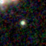 Colour composite: F444W red, F356W green, F277W blue, 3.2 arcsec across, north up