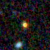 Colour composite: F444W red, F356W green, F277W blue, 3.2 arcsec across, north up