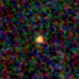 Colour composite: F444W red, F356W green, F277W blue, 3.2 arcsec across, north up