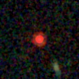 Colour composite: F444W red, F356W green, F277W blue, 3.2 arcsec across, north up