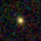 Colour composite: F444W red, F356W green, F277W blue, 3.2 arcsec across, north up