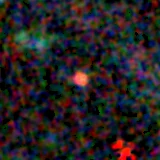 Colour composite: F444W red, F356W green, F277W blue, 3.2 arcsec across, north up