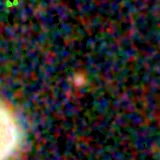 Colour composite: F444W red, F356W green, F277W blue, 3.2 arcsec across, north up
