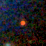 Colour composite: F444W red, F356W green, F277W blue, 3.2 arcsec across, north up