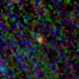 Colour composite: F444W red, F356W green, F277W blue, 3.2 arcsec across, north up