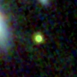 Colour composite: F444W red, F356W green, F277W blue, 3.2 arcsec across, north up