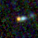 Colour composite: F444W red, F356W green, F277W blue, 3.2 arcsec across, north up