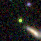 Colour composite: F444W red, F356W green, F277W blue, 3.2 arcsec across, north up