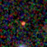Colour composite: F444W red, F356W green, F277W blue, 3.2 arcsec across, north up