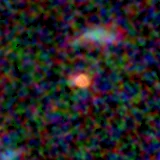 Colour composite: F444W red, F356W green, F277W blue, 3.2 arcsec across, north up