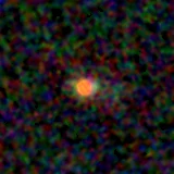 Colour composite: F444W red, F356W green, F277W blue, 3.2 arcsec across, north up