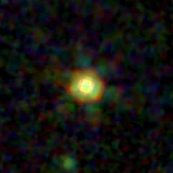Colour composite: F444W red, F356W green, F277W blue, 3.2 arcsec across, north up