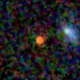 Colour composite: F444W red, F356W green, F277W blue, 3.2 arcsec across, north up