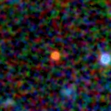Colour composite: F444W red, F356W green, F277W blue, 3.2 arcsec across, north up
