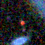 Colour composite: F444W red, F356W green, F277W blue, 3.2 arcsec across, north up