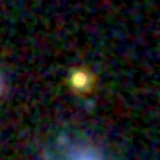 Colour composite: F444W red, F356W green, F277W blue, 3.2 arcsec across, north up