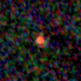 Colour composite: F444W red, F356W green, F277W blue, 3.2 arcsec across, north up