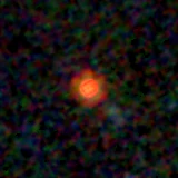 Colour composite: F444W red, F356W green, F277W blue, 3.2 arcsec across, north up