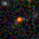 Colour composite: F444W red, F356W green, F277W blue, 3.2 arcsec across, north up
