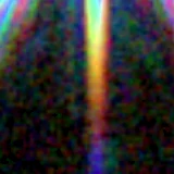 Colour composite: F444W red, F356W green, F277W blue, 3.2 arcsec across, north up