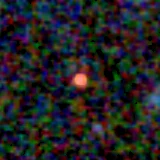 Colour composite: F444W red, F356W green, F277W blue, 3.2 arcsec across, north up