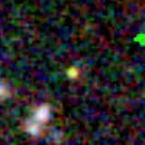 Colour composite: F444W red, F356W green, F277W blue, 3.2 arcsec across, north up