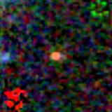 Colour composite: F444W red, F356W green, F277W blue, 3.2 arcsec across, north up