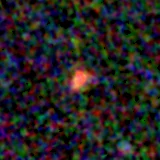 Colour composite: F444W red, F356W green, F277W blue, 3.2 arcsec across, north up