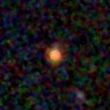 Colour composite: F444W red, F356W green, F277W blue, 3.2 arcsec across, north up