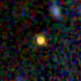 Colour composite: F444W red, F356W green, F277W blue, 3.2 arcsec across, north up