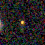 Colour composite: F444W red, F356W green, F277W blue, 3.2 arcsec across, north up