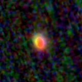 Colour composite: F444W red, F356W green, F277W blue, 3.2 arcsec across, north up