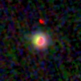 Colour composite: F444W red, F356W green, F277W blue, 3.2 arcsec across, north up