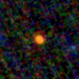 Colour composite: F444W red, F356W green, F277W blue, 3.2 arcsec across, north up