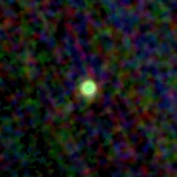 Colour composite: F444W red, F356W green, F277W blue, 3.2 arcsec across, north up