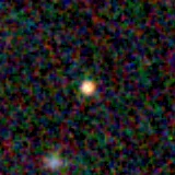 Colour composite: F444W red, F356W green, F277W blue, 3.2 arcsec across, north up