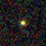 Colour composite: F444W red, F356W green, F277W blue, 3.2 arcsec across, north up