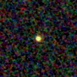 Colour composite: F444W red, F356W green, F277W blue, 3.2 arcsec across, north up