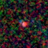 Colour composite: F444W red, F356W green, F277W blue, 3.2 arcsec across, north up