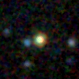 Colour composite: F444W red, F356W green, F277W blue, 3.2 arcsec across, north up