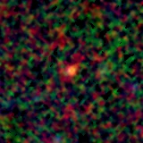 Colour composite: F444W red, F356W green, F277W blue, 3.2 arcsec across, north up